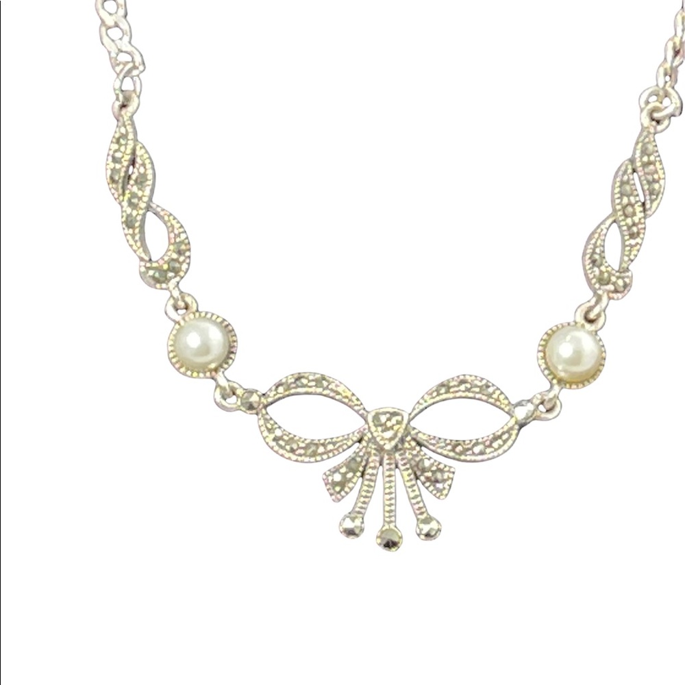 Vintage Sterling silver pearl marcasite fancy Victorian revival necklace